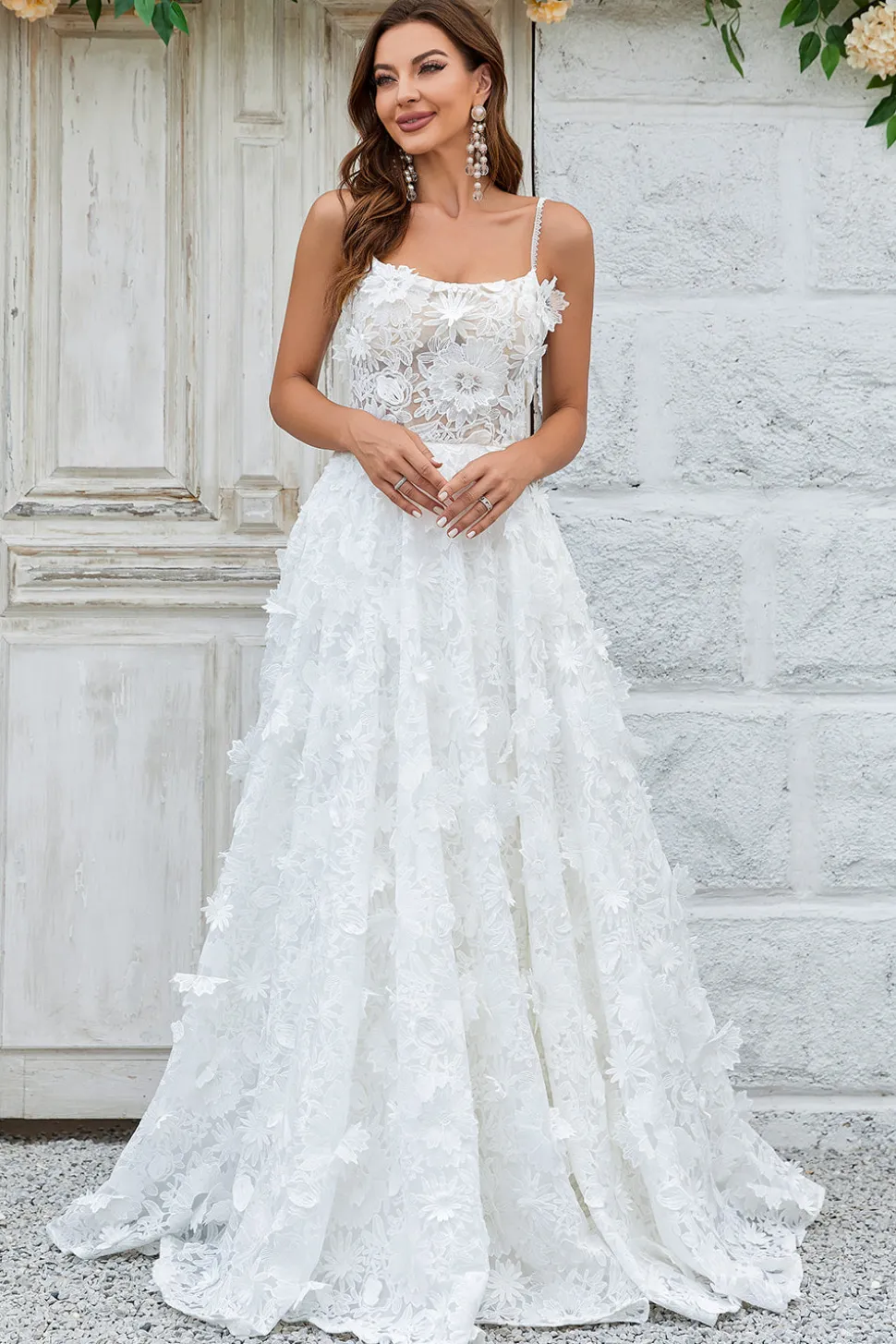 Marfim Floral Renda Vestido de Noiva