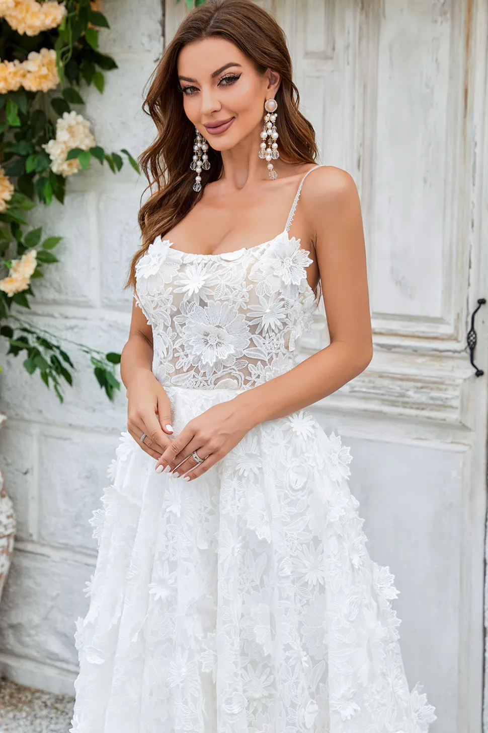 Marfim Floral Renda Vestido de Noiva