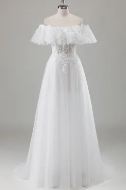 Marfim fora do ombro A-Line vestido de noiva com renda aplicada