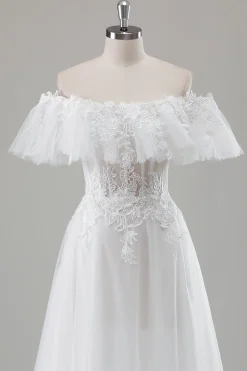 Marfim fora do ombro A-Line vestido de noiva com renda aplicada