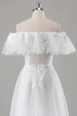 Marfim fora do ombro A-Line vestido de noiva com renda aplicada