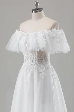 Marfim fora do ombro A-Line vestido de noiva com renda aplicada
