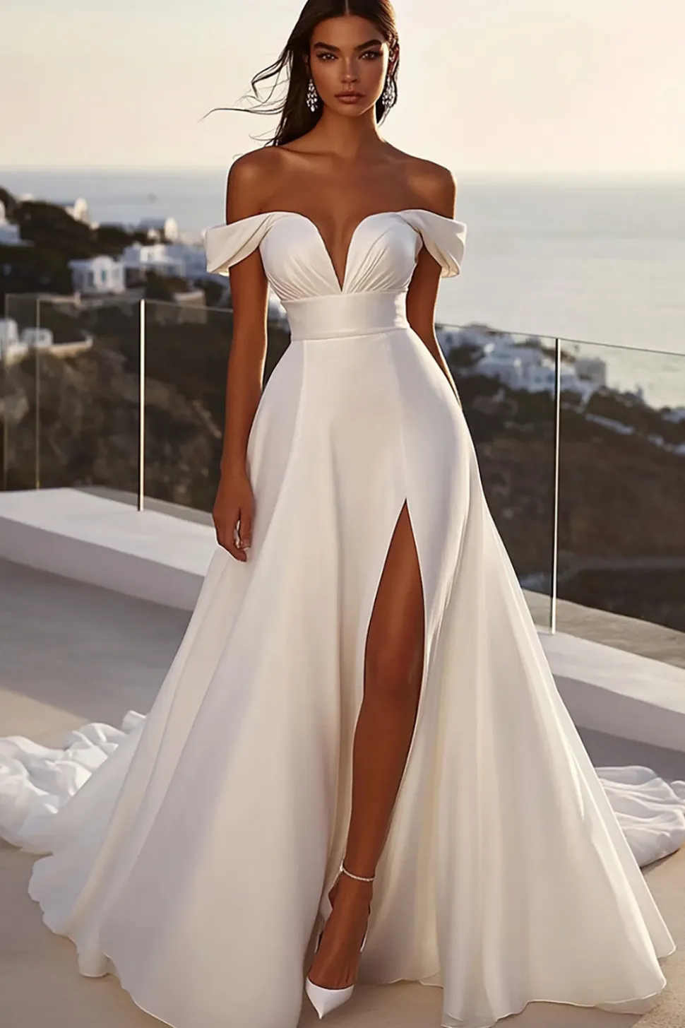 Marfim Fora do Ombro De Baile/Princesa Vestidos de Noiva com Fenda