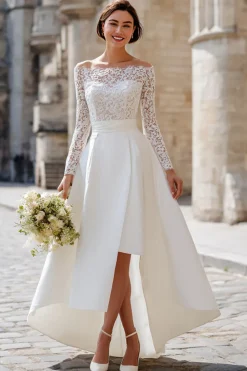 Marfim Fora do Ombro Uma Linha High-Low Engagement Dress com Renda