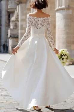 Marfim Fora do Ombro Uma Linha High-Low Engagement Dress com Renda