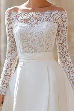 Marfim Fora do Ombro Uma Linha High-Low Engagement Dress com Renda