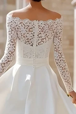 Marfim Fora do Ombro Uma Linha High-Low Engagement Dress com Renda