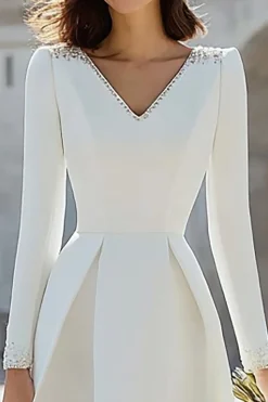 Marfim frisado V pescoço uma linha midi vestido de noivado