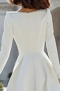 Marfim frisado V pescoço uma linha midi vestido de noivado