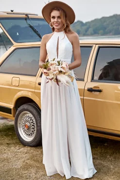 Marfim Halter Boho Vestido de Noiva Com Fenda