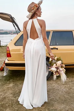 Marfim Halter Boho Vestido de Noiva Com Fenda