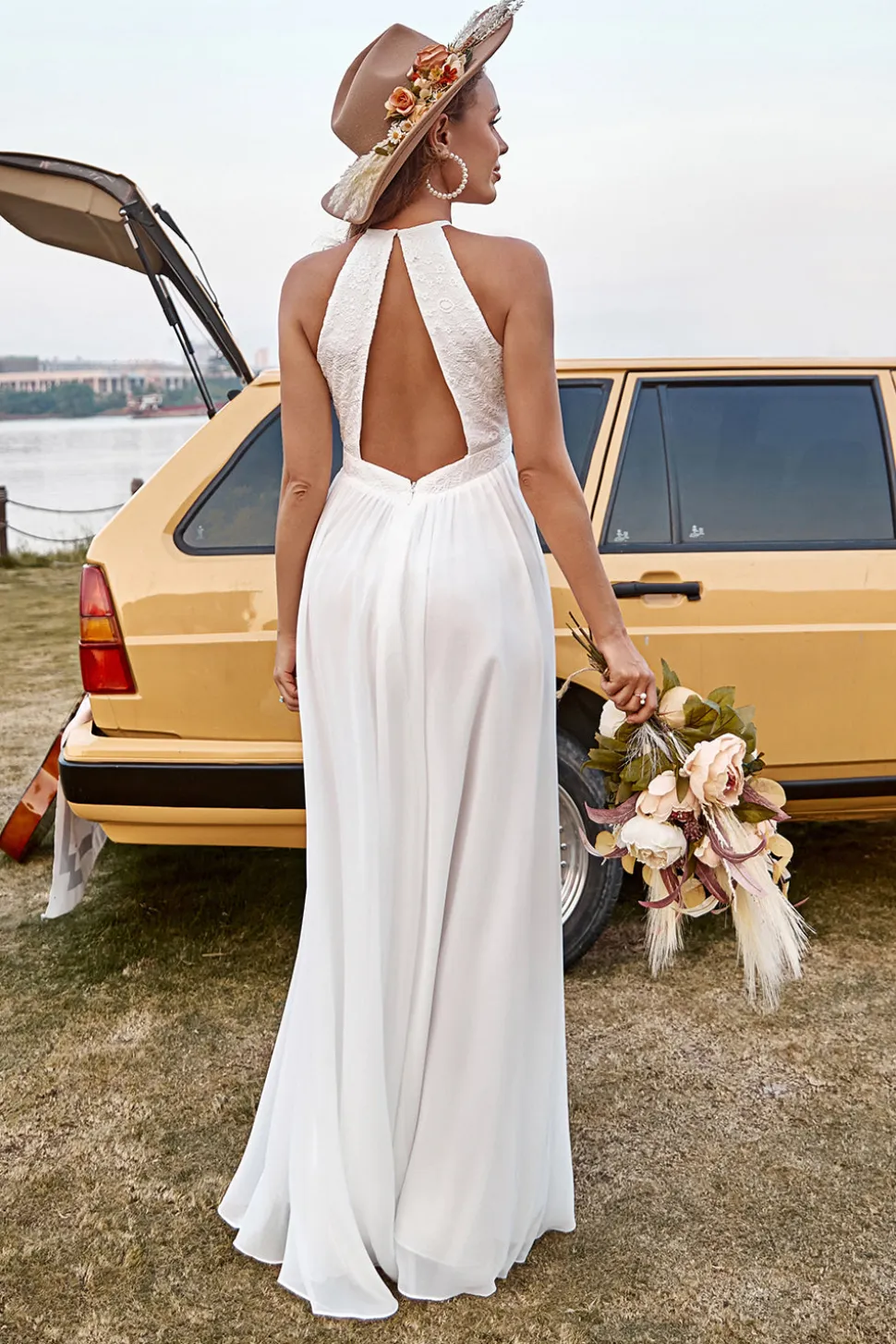Marfim Halter Boho Vestido de Noiva Com Fenda