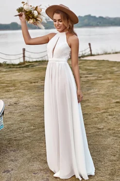 Marfim Halter Boho Vestido de Noiva Com Fenda