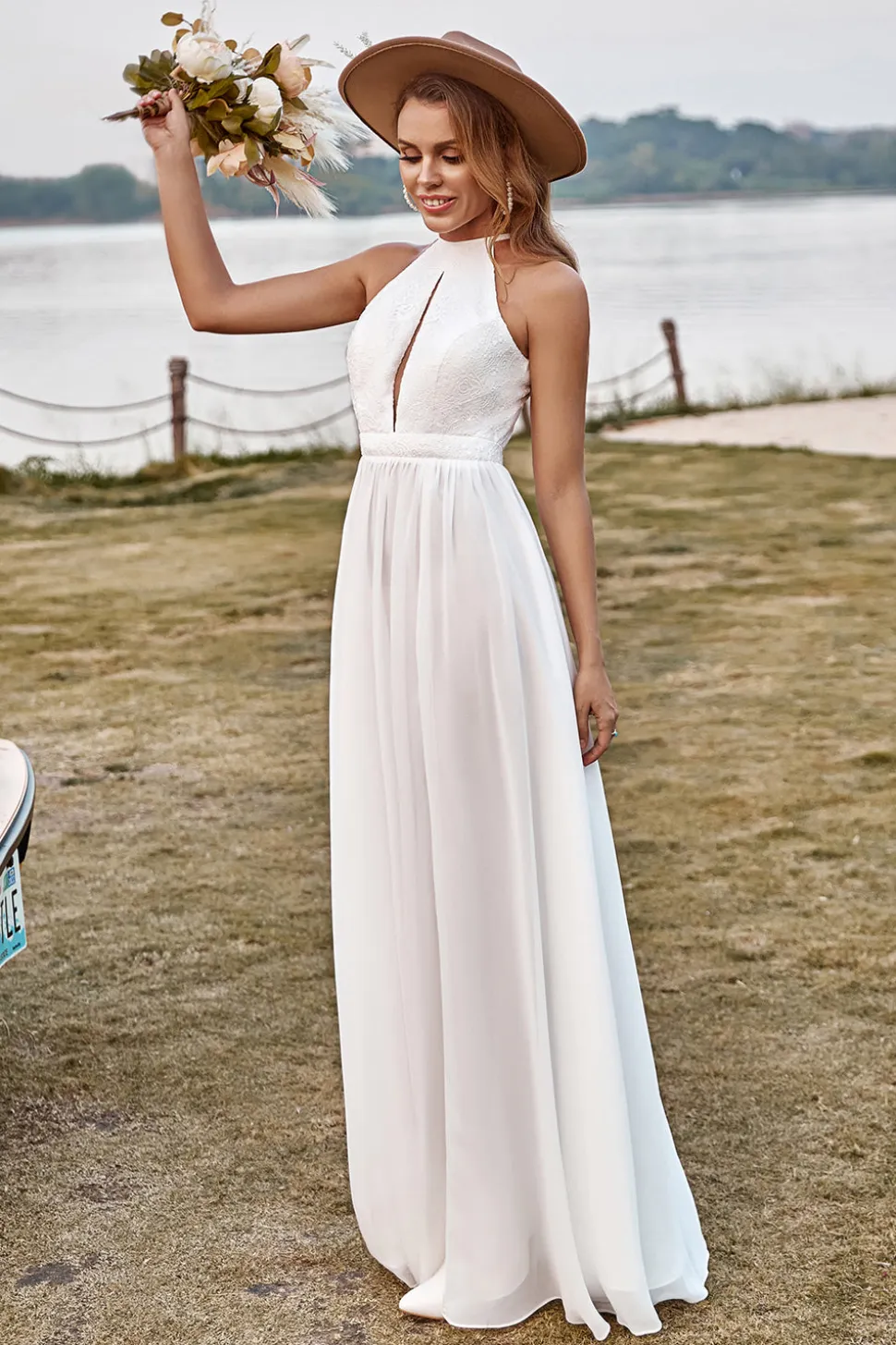 Marfim Halter Boho Vestido de Noiva Com Fenda