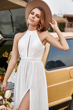 Marfim Halter Boho Vestido de Noiva Com Fenda