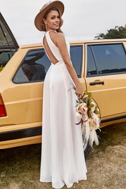 Marfim Halter Boho Vestido de Noiva Com Fenda