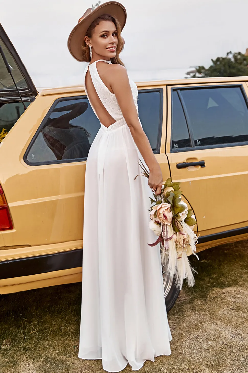 Marfim Halter Boho Vestido de Noiva Com Fenda