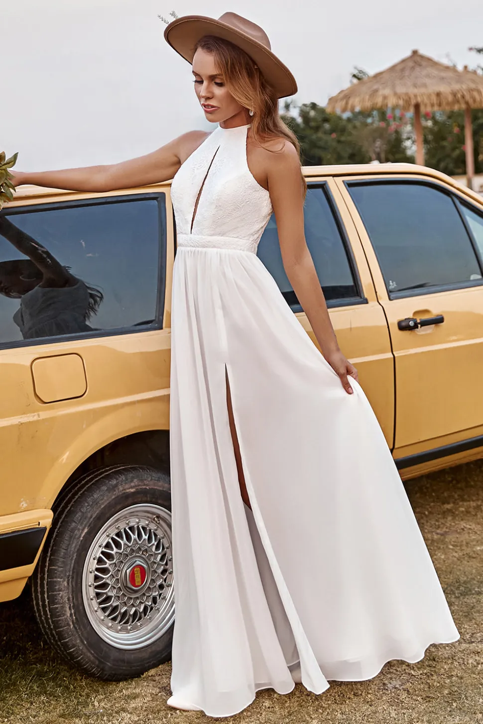 Marfim Halter Boho Vestido de Noiva Com Fenda