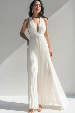 Marfim Halter Neck Chiffon plissado longo vestido formal