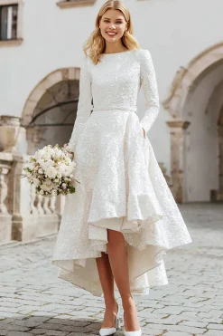 Marfim Jacquard Boat Neck A Line Registry Office Vestido de Noiva