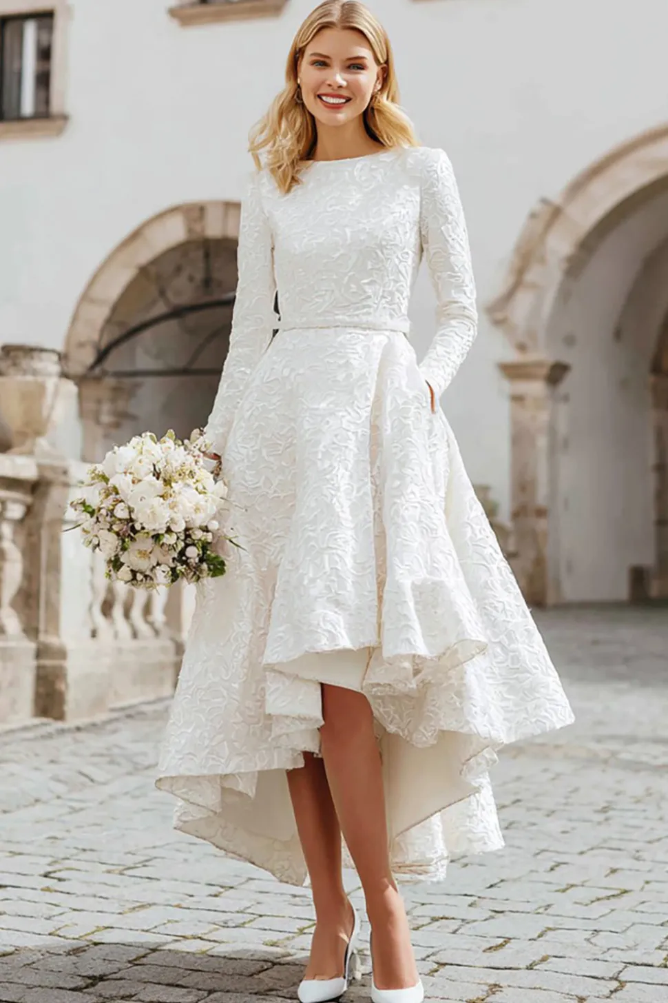 Marfim Jacquard Boat Neck A Line Registry Office Vestido de Noiva