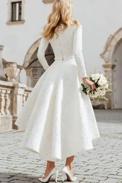 Marfim Jacquard Boat Neck A Line Registry Office Vestido de Noiva