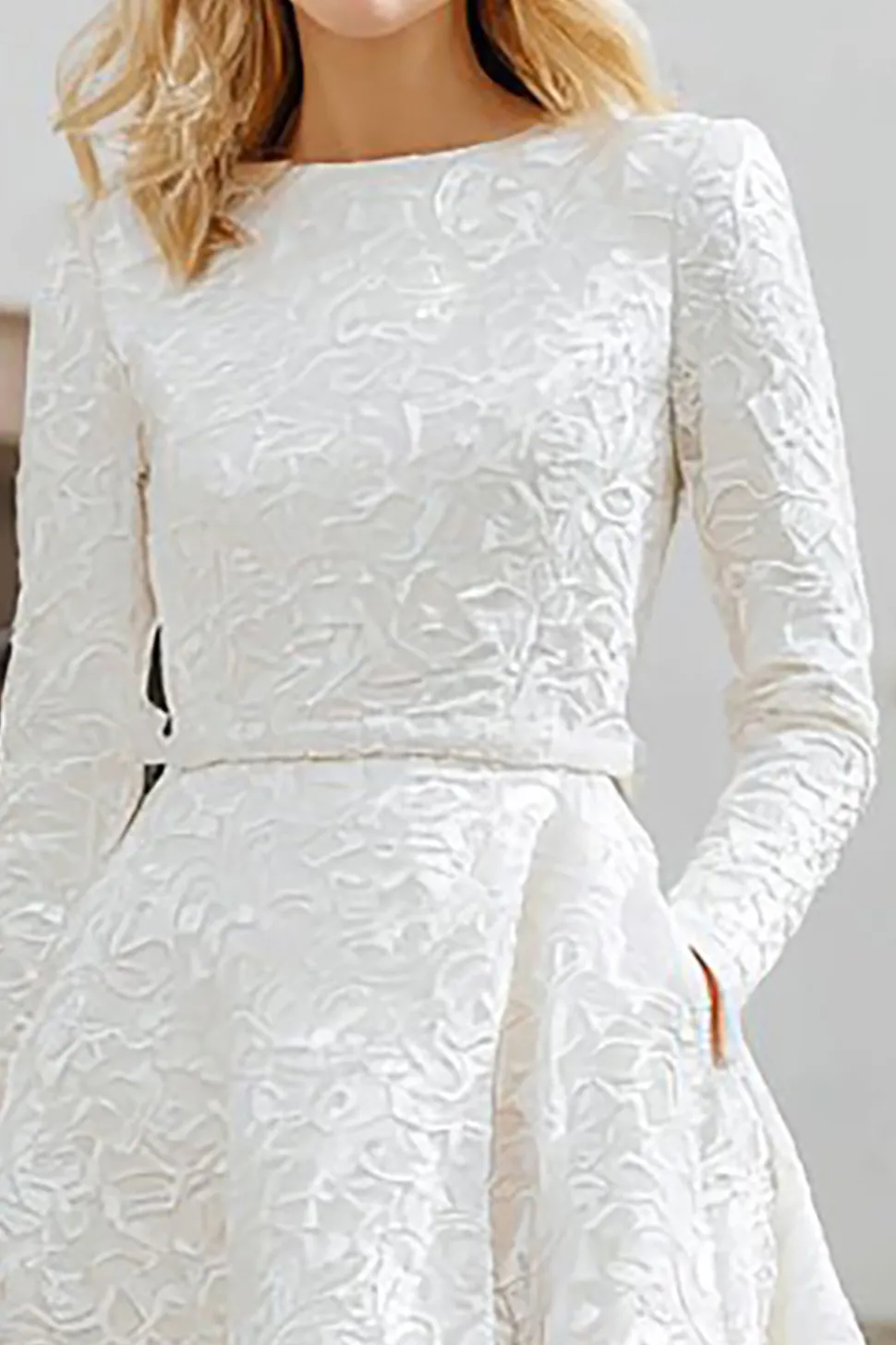 Marfim Jacquard Boat Neck A Line Registry Office Vestido de Noiva