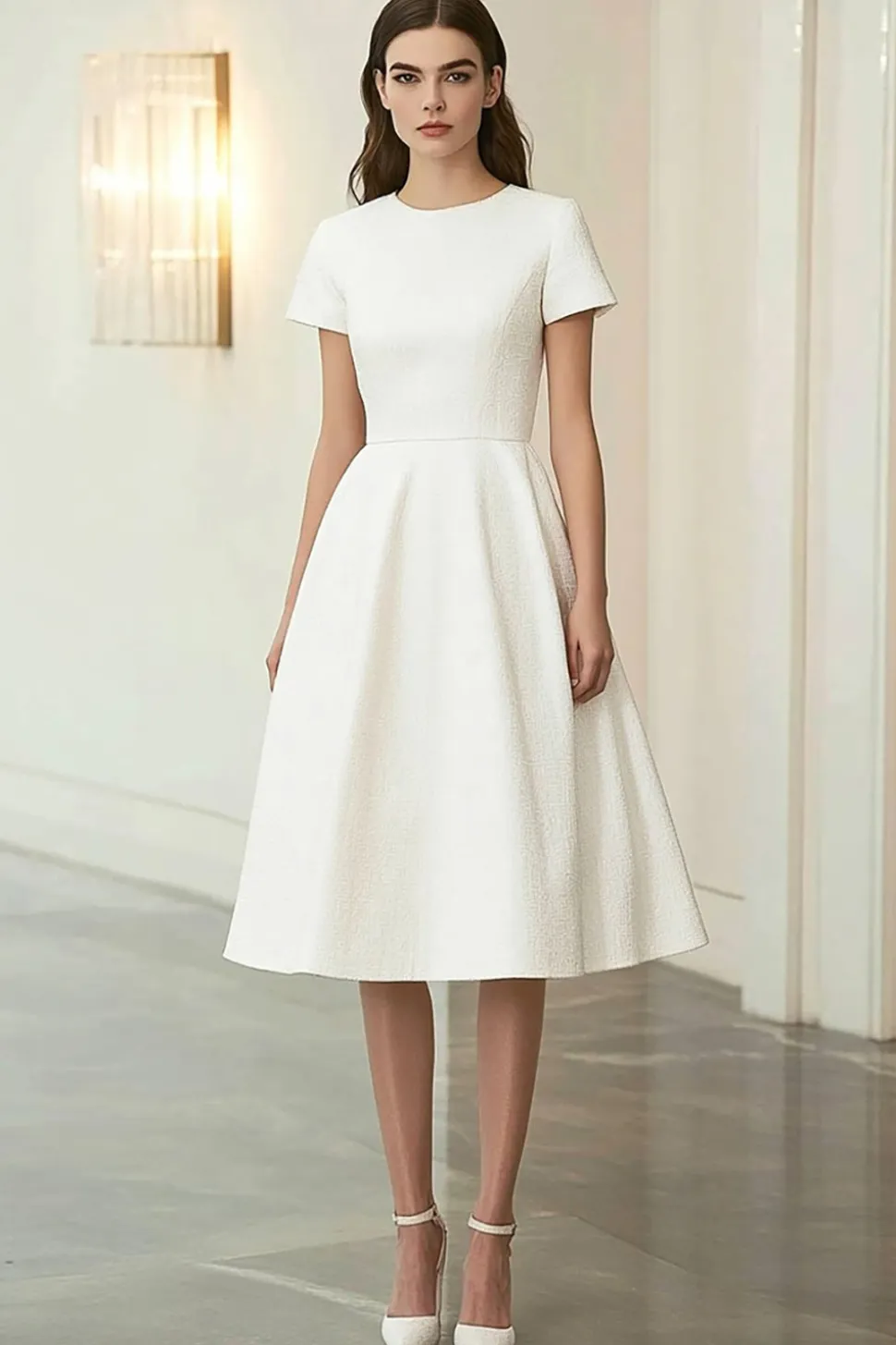 Marfim Jacquard Round Neck A-Line Midi Vestido Formal com mangas curtas