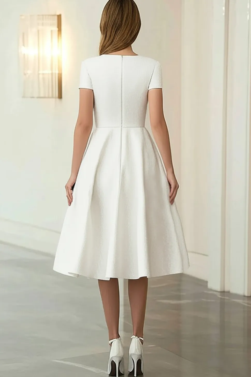 Marfim Jacquard Round Neck A-Line Midi Vestido Formal com mangas curtas