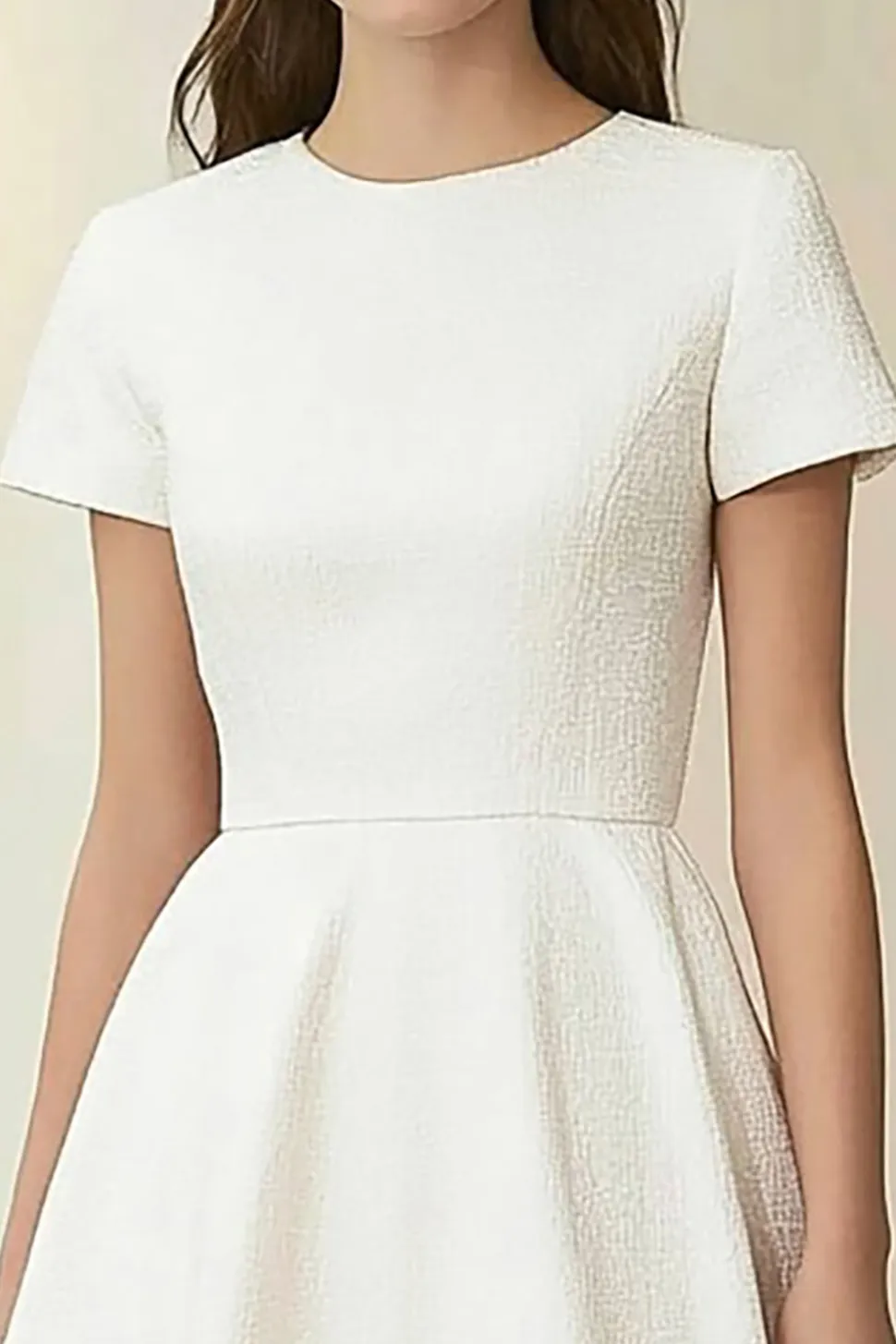 Marfim Jacquard Round Neck A-Line Midi Vestido Formal com mangas curtas