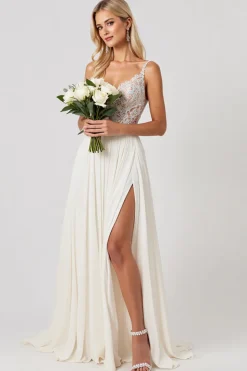 Marfim Linha-A Chiffon Renda Longos Vestido de Noiva Com Fenda