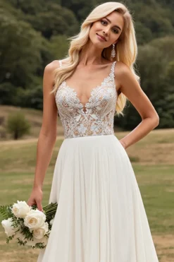 Marfim Linha-A Chiffon Renda Longos Vestido de Noiva Com Fenda