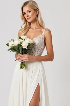 Marfim Linha-A Chiffon Renda Longos Vestido de Noiva Com Fenda