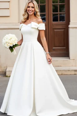 Marfim Linha-A Fora do Ombro Cetim Sweep/Brush Trem Vestidos de Noiva com Laços