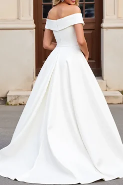Marfim Linha-A Fora do Ombro Cetim Sweep/Brush Trem Vestidos de Noiva com Laços