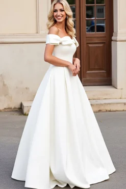 Marfim Linha-A Fora do Ombro Cetim Sweep/Brush Trem Vestidos de Noiva com Laços