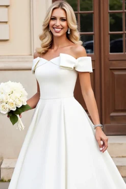 Marfim Linha-A Fora do Ombro Cetim Sweep/Brush Trem Vestidos de Noiva com Laços