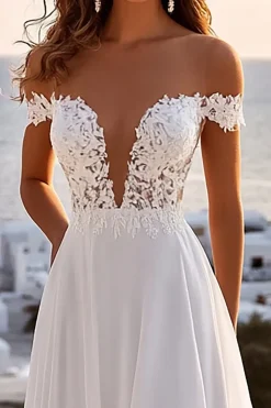Marfim Linha-A Fora do Ombro Plissado Longos Vestido de Noiva