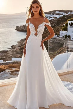 Marfim Linha-A Ombro Frio Chiffon Longos Vestido de Noiva com Renda