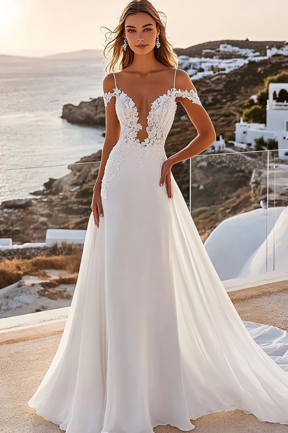 Marfim Linha-A Ombro Frio Chiffon Longos Vestido de Noiva com Renda