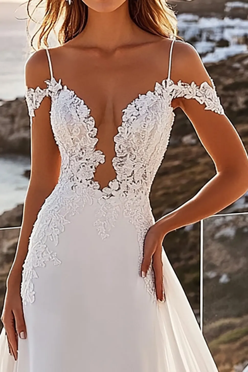 Marfim Linha-A Ombro Frio Chiffon Longos Vestido de Noiva com Renda