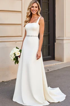 Marfim Linha-A Pescoço Quadrado Longos Vestido de Noiva