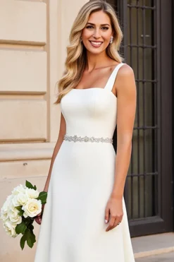 Marfim Linha-A Pescoço Quadrado Longos Vestido de Noiva