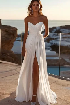 Marfim Linha-A Sem Alças Plissado Vestido de Noiva com Fenda