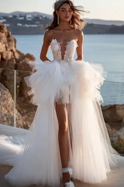Marfim Linha-A Sem Alças Plissado Longos Vestido de Noiva com Fenda