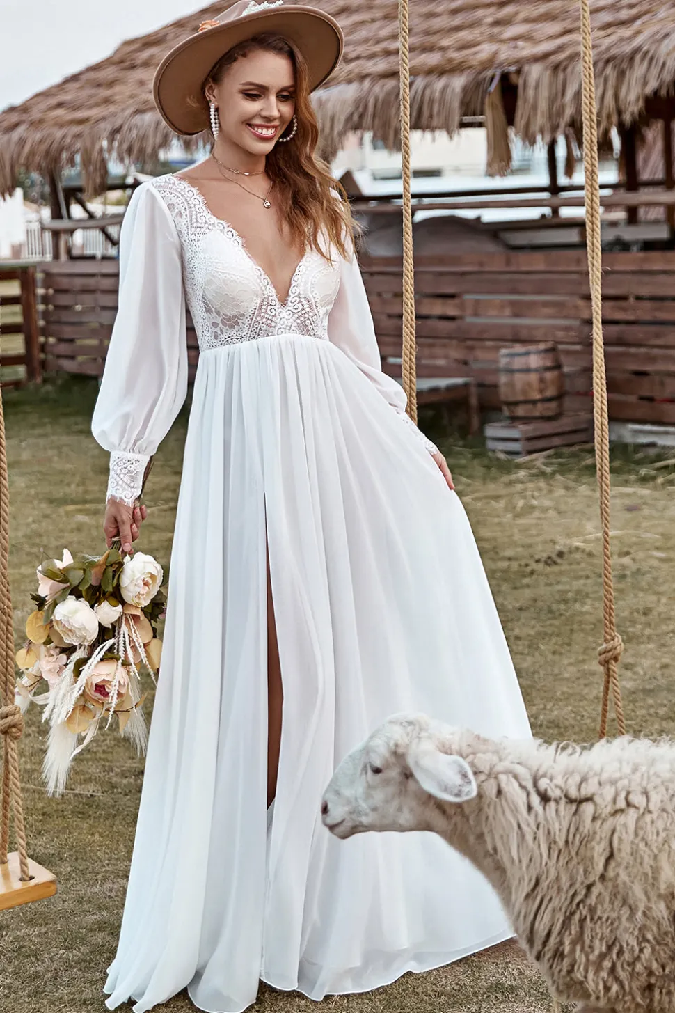 Marfim Manga Comprida Boho Vestido de Noiva