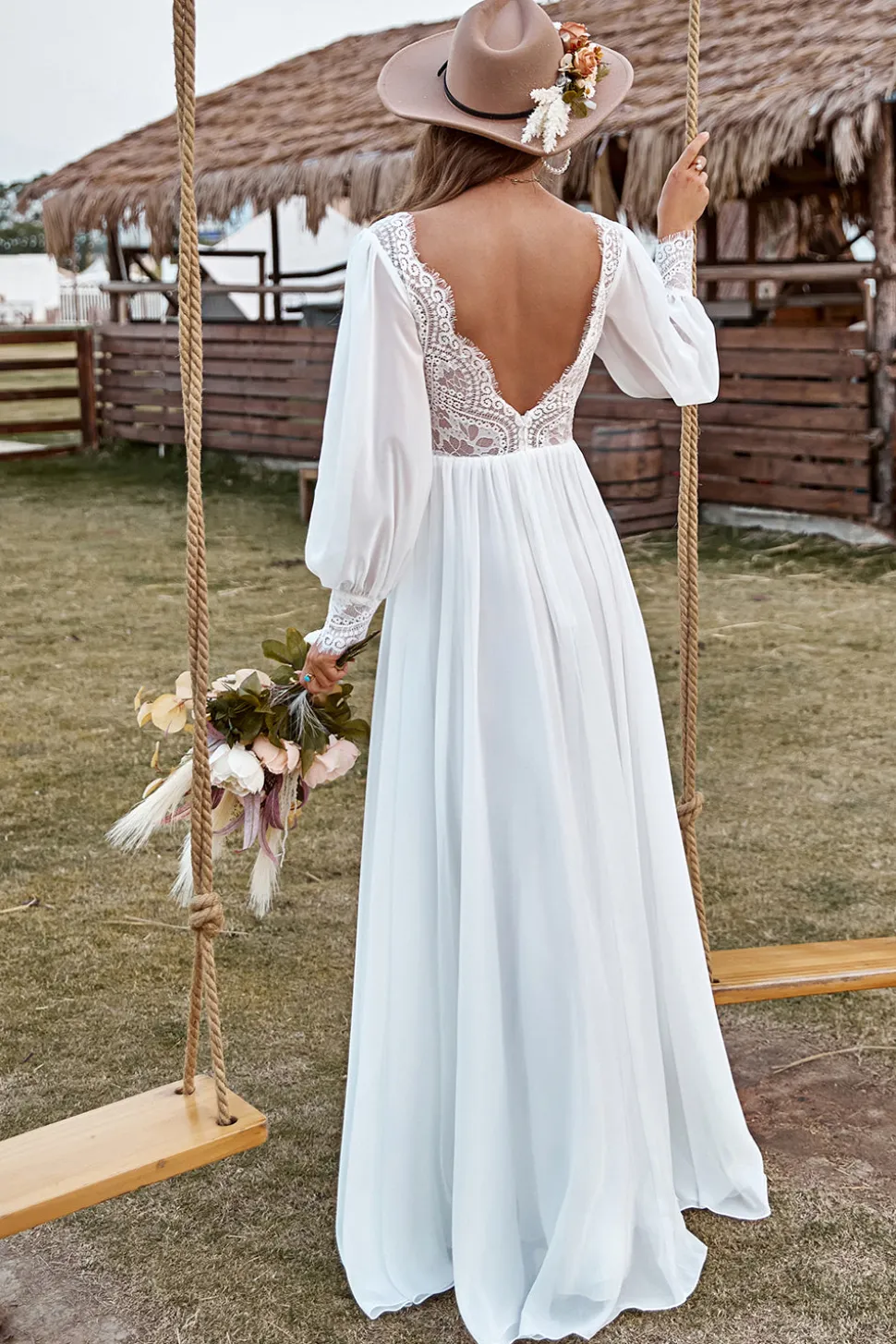 Marfim Manga Comprida Boho Vestido de Noiva
