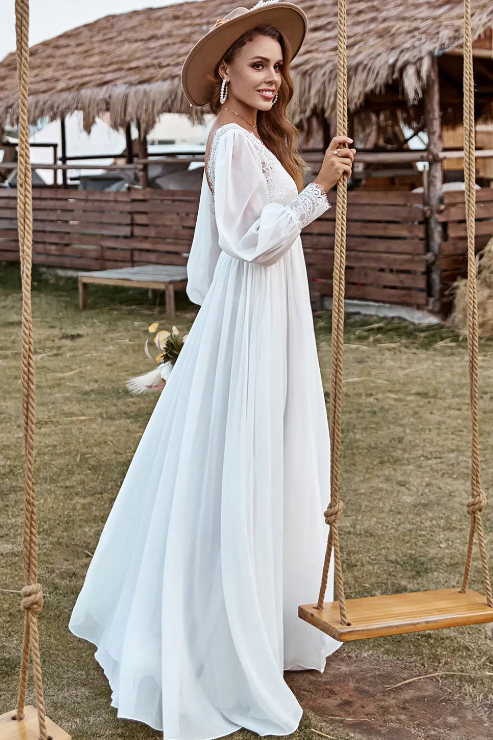 Marfim Manga Comprida Boho Vestido de Noiva