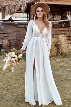 Marfim Manga Comprida Boho Vestido de Noiva