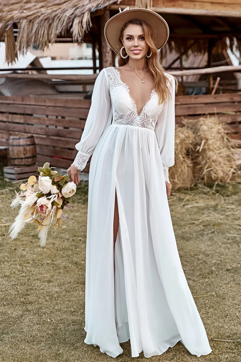 Marfim Manga Comprida Boho Vestido de Noiva
